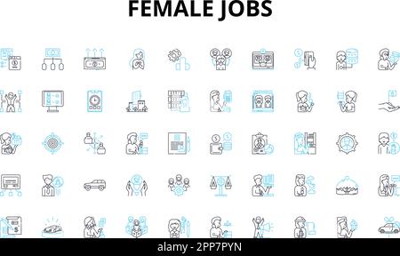 Female jobs linear icons set. Nurse, Teacher, Engineer, Entrepreneur, Scientist, Doctor, Lawyer vector symbols and line concept signs. Graphic Stock Vector