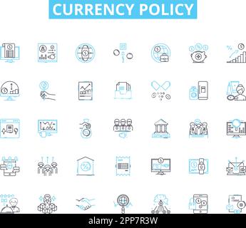 Currency policy linear icons set. Inflation, Exchange, Intervention ...