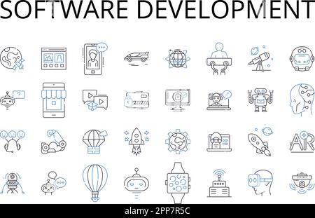 Software development line icons collection. Website design, Social media, Financial planning, Game development, Graphic design, Digital marketing Stock Vector