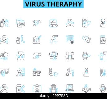 Virus theraphy linear icons set. Immunotherapy, Gene therapy, Antivirals, Vaccines, Antibodies, Retrovirus, Oncolytic line vector and concept signs Stock Vector