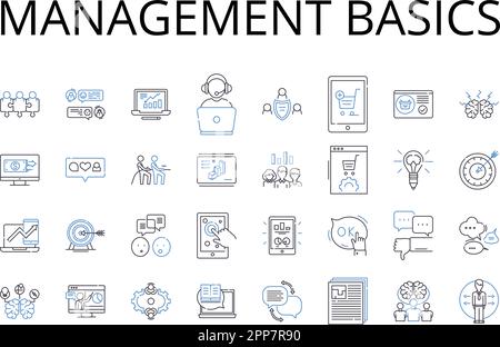 Management basics line icons collection. Financial literacy, Marketing strategies, Advertising techniques, Corporate policies, Budgeting skills, Time Stock Vector