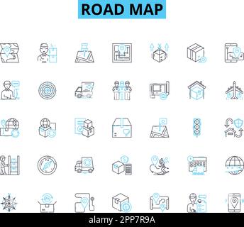 Road map linear icons set. Navigation, Directions, Routes, Planning, Markings, Symbols, Signs line vector and concept signs. Pathways,Highways Stock Vector