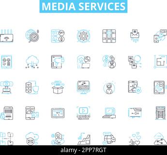 Media services linear icons set. Advertising, Broadcasting, Content, Distribution, Editing, Film, Graphics line vector and concept signs. Journalism Stock Vector