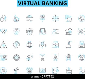 Virtual banking linear icons set. Digital, Online, Mobile, Virtual, Web-based, Automated, Fintech line vector and concept signs. Cryptocurrency Stock Vector