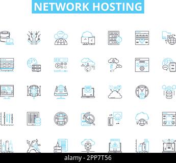 Network hosting linear icons set. Cloud, Server, Virtualization, Bandwidth, Colocation, Datacenter, Firewall line vector and concept signs. Hosting Stock Vector