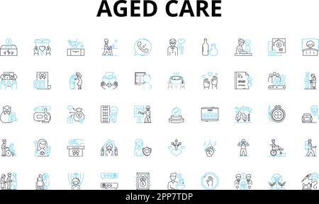 Aged care linear icons set. Elderly, Retirement, Nursing, Assistance, Health, Comfort, Support vector symbols and line concept signs. Seniority Stock Vector