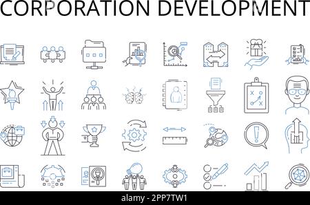 Corporation development line icons collection. Business expansion, Company growth, Entrepreneurship evolution, Enterprise progress, Firm enhancement Stock Vector