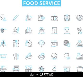 Food service linear icons set. Catering, Delivery, Restaurant, Takeout, Buffet, Kitchen, Chef line vector and concept signs. Hospitality,Banquet,Drive Stock Vector