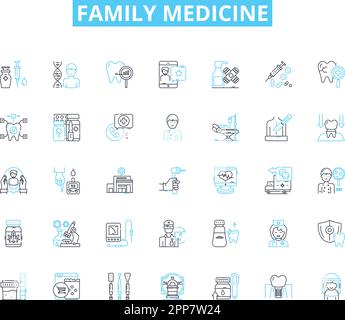 Family medicine linear icons set. Preventive, Comprehensive, Primary, Care, General, Consultation, Diagnostics line vector and concept signs Stock Vector