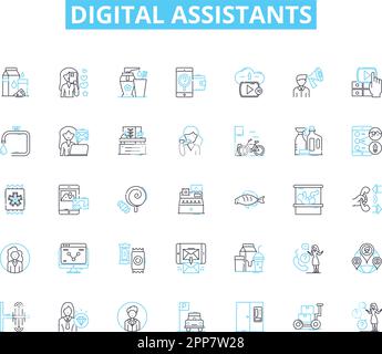 Digital assistants linear icons set. Alexa, Siri, Google, Cortana, Assistant, AI, Automation line vector and concept signs. Voice,Chatbot,Interaction Stock Vector