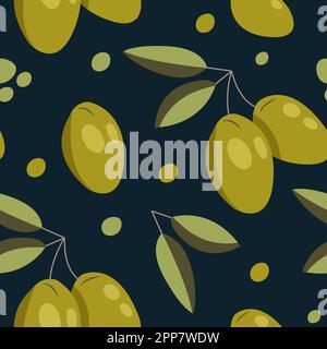 Vector seamless pattern with green olives on dark. Background design for olive oil, natural cosmetics. Best for wrapping paper. Stock Vector