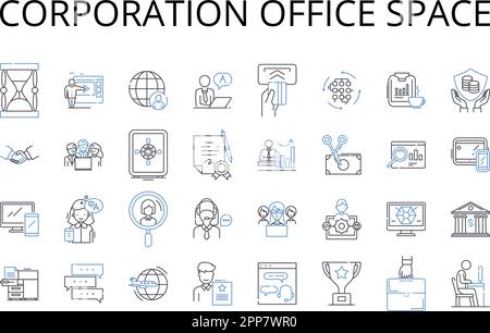 Corporation office space line icons collection. Business headquarters, Company workstations, Enterprise premises, Corporation property, Commercial Stock Vector