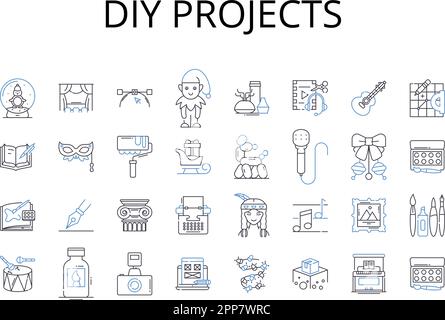 DIY projects line icons collection. Home improvement, Craft ideas, Art projects, Outdoor activities, Science experiments, Educational games, Creative Stock Vector