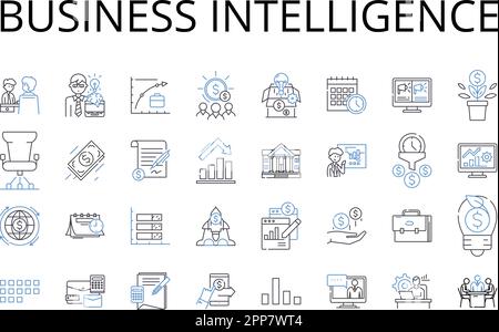 Business Intelligence line icons collection. Market Analysis, Competitive Insights, Data Analytics, Information Management, Knowledge Acquisition Stock Vector