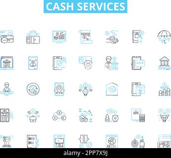 Cash services linear icons set. Loan, Deposit, Withdrawal, ATM, Credit, Debit, Exchange line vector and concept signs. Currency,Fund,Transfer outline Stock Vector