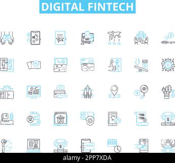 Digital fintech linear icons set. Cryptocurrency, Blockchain, Peer-to-peer, Mobile, Artificial Intelligence, Virtual, Transfers line vector and Stock Vector