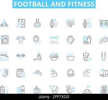 Football and fitness linear icons set. Agility, Endurance, Power, Strength, Stamina, Speed, Coordination line vector and concept signs. Flexibility Stock Vector