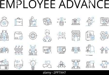 Employee advance line icons collection. Staff growth, Worker development, Personnel improvement, Team progress, Staff promotion, Employee training Stock Vector