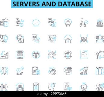 Servers and database linear icons set. Reliability, Capacity, Scalability, Redundancy, Uptime, Security, Performance line vector and concept signs Stock Vector