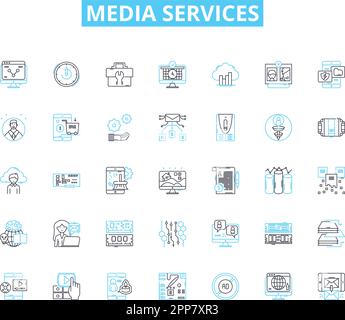 Media services linear icons set. Advertising, Broadcasting, Content, Distribution, Editing, Film, Graphics line vector and concept signs. Journalism Stock Vector
