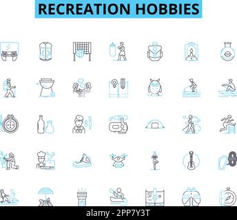 Recreation hobbies linear icons set. Gardening, Cooking, Painting, Pottery, Fishing, Biking, Hiking line vector and concept signs. Camping,Boating Stock Vector