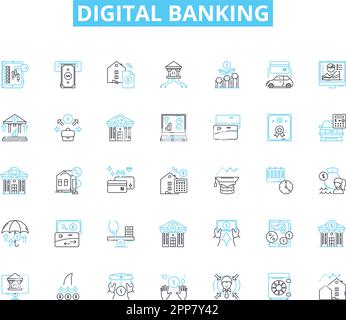 Digital banking linear icons set. Fintech, Mobile, Online, Transactions, Security, Innovation, Accessibility line vector and concept signs Stock Vector