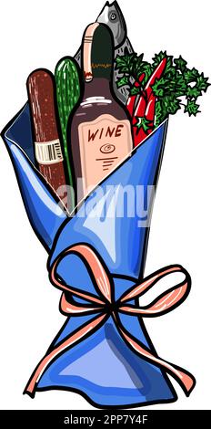 Gift Bouquet with Food. Original Presents Used for Magazines, Cafes, Stickers. Stock Vector