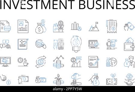 Investment business line icons collection. Finance industry, Trade market, Economic sector, Capital venture, Mtary commerce, Fiscal activity, Banking Stock Vector