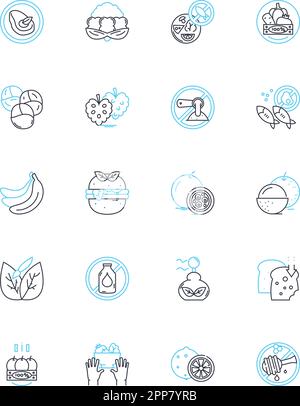 Raw cuisine linear icons set. Vegetarian, Vegan, Uncooked, Organic, Wholefoods, Plant-based, Clean line vector and concept signs. Detox,Nutritious Stock Vector