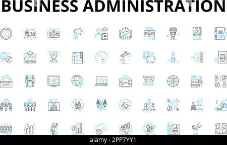 Business administration linear icons set. Management, Leadership, Strategy, Organization, Coordination, Planning, Efficiency vector symbols and line Stock Vector