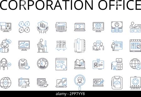 Corporation office line icons collection. Company headquarters, Business center, Enterprise hub, Management center, Administrative building, Business Stock Vector