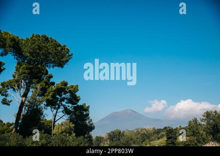 View of Mount Vesuvius from Pompeii in Italy on a clear, blue day Stock Photo