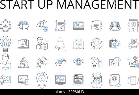 Start up management line icons collection. Business leadership, Enterprise governance, Firm oversight, Corporation direction, Establishment management Stock Vector
