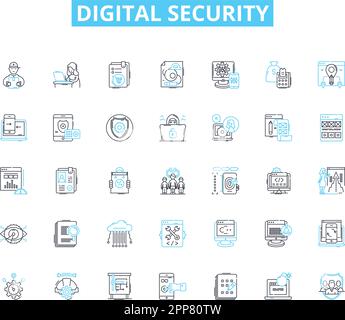 Digital security linear icons set. Encryption, Firewall, Malware, Password, Antivirus, Cybercrime, Hackers line vector and concept signs. Phishing Stock Vector