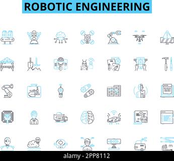 Robotic engineering linear icons set. Automation, Robotics, Innovation, Mechanization, Programming, Manufacture, Artificial intelligence line vector Stock Vector