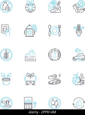 Environmentally-safe energy linear icons set. Renewable, Solar, Wind, Geothermal, Hydro, Biofuels, Green line vector and concept signs. Sustainable Stock Vector