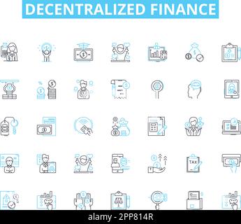 Decentralized finance linear icons set. DeFi, Decentralized, Blockchain, Crypto, Smart contracts, Tokenization, Liquidity line vector and concept Stock Vector