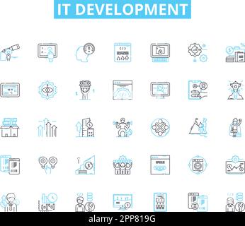 IT development linear icons set. Coding, Programming, Debugging, Testing, Deployment, Integration, Agile line vector and concept signs. Database Stock Vector
