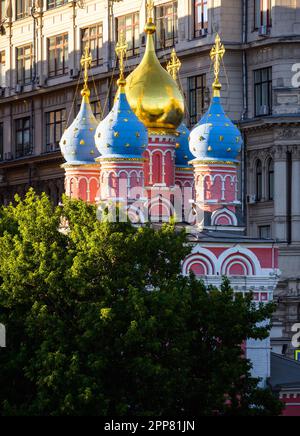 Church of St George in Moscow, Russia. Scenery of old Russian Orthodox temple and buildings. Beautiful church in Moscow city center in summer. Theme o Stock Photo