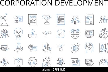 Corporation development line icons collection. Business expansion, Company growth, Entrepreneurship evolution, Enterprise progress, Firm enhancement Stock Vector