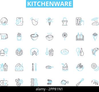 Kitchenware linear icons set. Cutlery, Cookware, Bakeware, Utensils, Dishware, Appliances, Gadgets line vector and concept signs. Containers,Strainers Stock Vector