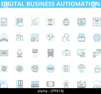 Digital business autiomation linear icons set. Efficiency, Streamline, Integration, Innovation, Optimization, Productivity, Agility line vector and Stock Vector