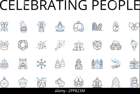 Celebrating people line icons collection. Applauding heroes, Honoring triumphs, Commending winners, Praising champions, Recognizing greatness, Hailing Stock Vector