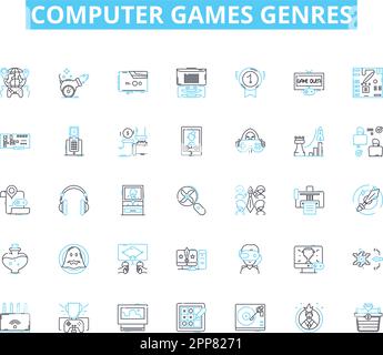 Computer games genres linear icons set. Action, Adventure, Puzzle, Strategy, Simulation, Role-playing, Racing line vector and concept signs. Fighting Stock Vector