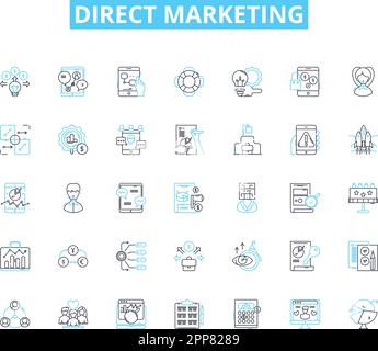 Direct marketing linear icons set. Targeted, Personalized, Mail, Ads, Database, Promotions, Sales line vector and concept signs. Campaigns Stock Vector