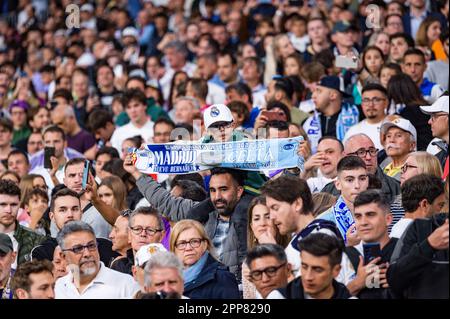 Madrid, Spain. 22nd Apr, 2023. Real Madrid fans during the football match betweenReal Madrid and Celta Vigo valid for the match day 30 of the Spanish first division league â&#x80;&#x9c;La Ligaâ&#x80;&#x9d; celebrated in Madrid, Spain at Bernabeu stadium on Saturday 22 April 2023 Credit: Independent Photo Agency/Alamy Live News Stock Photo