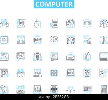 Computer linear icons set. Keyboard, Screen, Mouse, Software, Hardware, Processor, Memory line vector and concept signs. Storage,Internet,Nerking Stock Vector