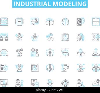 industrial modeling linear icons set. Factories, Manufacturing, Assembly, Automation, Robotics, D printing, Engineering line vector and concept signs Stock Vector