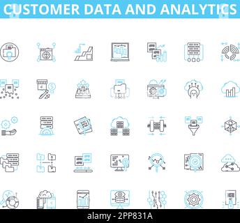 Customer data and analytics linear icons set. Segmentation, Personalization, Profiling, Insights, Targeting, Metrics, Optimization line vector and Stock Vector