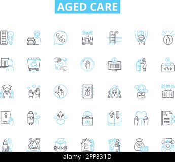 Aged care linear icons set. Elderly, Retirement, Nursing, Assistance, Health, Comfort, Support line vector and concept signs. Seniority,Compassion Stock Vector